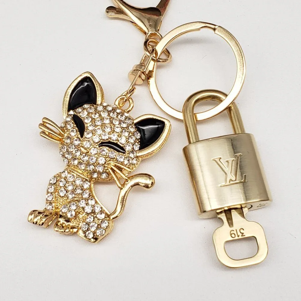 Louis Vuitton Gold Padlock Key 🔒 Authentic LV Charm + Unbranded Cat Keychain